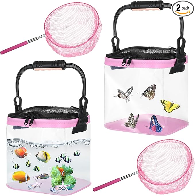 2 Sets Catch Plastic Beach Aquarium Kit, Release Aquarium Box for Beach with Retractable Net Bag and Transparent Portable Handheld（Pink）