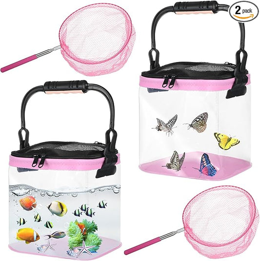 2 Sets Catch Plastic Beach Aquarium Kit, Release Aquarium Box for Beach with Retractable Net Bag and Transparent Portable Handheld（Pink）