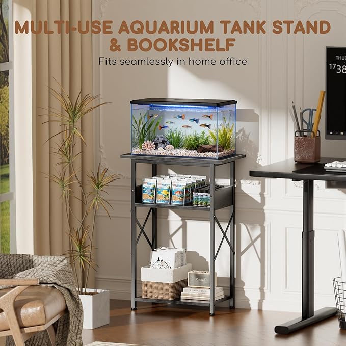 10 Gallon Fish Tank Stand with Storage Shelves, 3-Tier Aquarium Stand with Rust-Proof Metal Frame, Heavy Duty Waterproof Reptile Turtle Tank Stand for Home Office Up to 150LBS, 21.5" L x 11.5" W x 30" H, Black