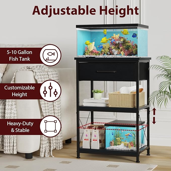 5-10 Gallon Fish Tank Stand, Height Adjustable Metal Aquarium Stand with Storage Drawers for Fish Tank Accessories Storage, Perfect for Turtle Tank, Reptile Terrarium, Black