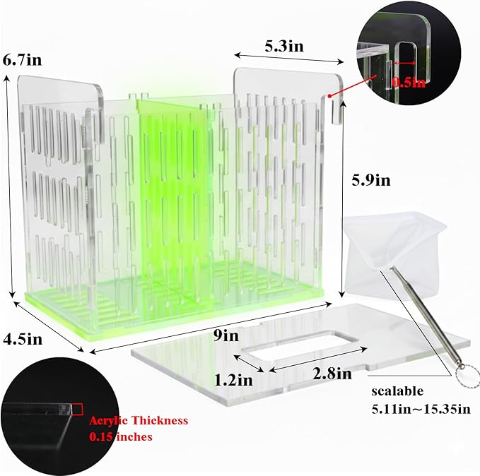 Acrylic Breeding Box for Fish Tank, Aquarium Hatchery Incubator with Long Handle Net, Breeder Isolation Acclimation Box for More Baby Fish & Shrimp (Green, 9x5.3x6.7 in)