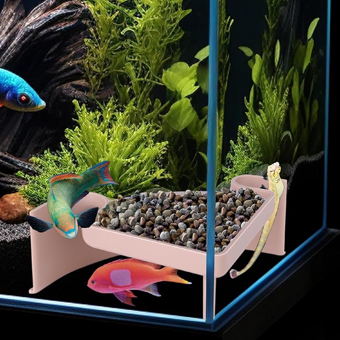 Aquarium Cave Hideout with Viewing Window – Corner Fish Tank Tunnel for Pleco, Cory Catfish, Kuhli Loach, Shrimp, Betta – 2-Hole Plastic Bottom Dweller Shelter – Fish Hiding Spot Decor (5"x5"x2")