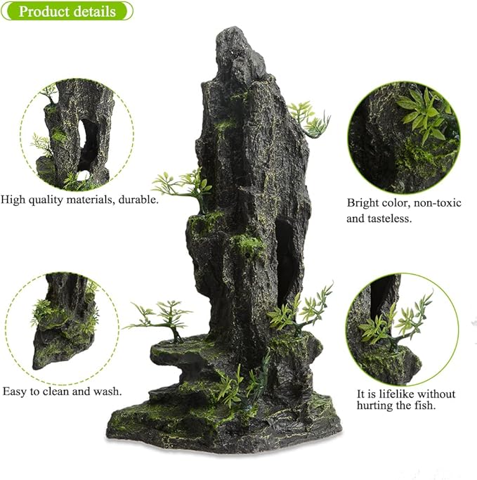 14.4" Tall Aquarium Cave Decor, Large Resin Mountain Hideout with Artificial Plants, Rock Shelter for Betta & Cichlid, Landscape Ornament for 20-40 Gallon Freshwater & Saltwater Tank