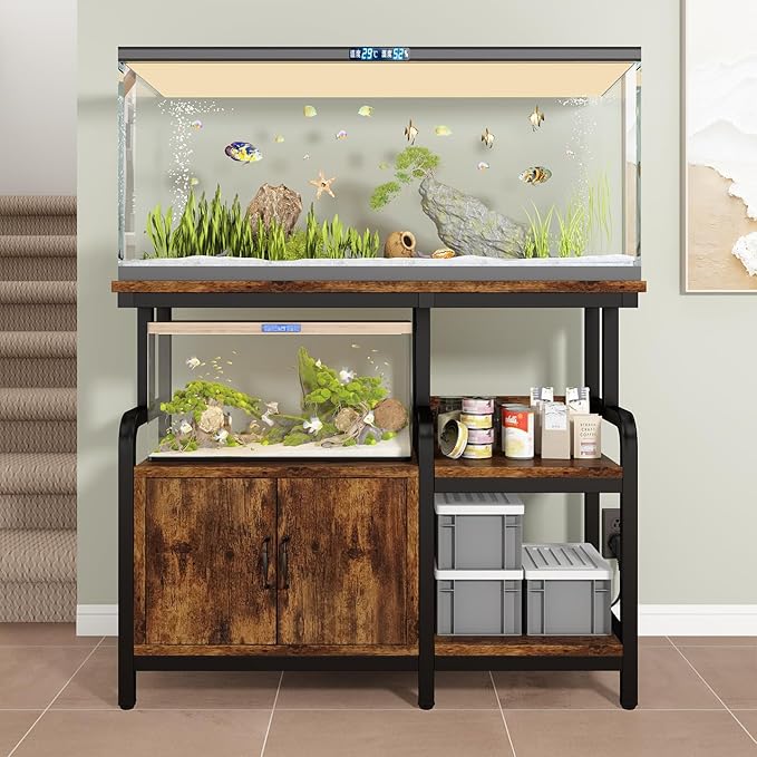 Multi-Tier Aquarium Stand for 20–37 Gallon Fish Tanks, Heavy-Duty 29/30/40 Gallon Fish Tank Stand with Storage Cabinet, Curved Safety Frame, Steel Frame 750 lbs Capacity, Reptile & Terrarium Tank Stand for Home Office