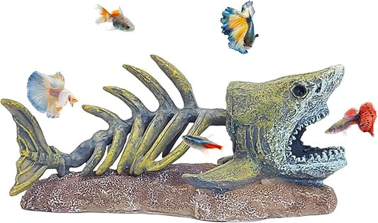 kathson Fish Tank Decorations Resin Shark Skeleton Aquarium Decor Reptile Tank Accessories Ornament Fish Bone Hideout for Shrimp Lizards Geckos Spiders
