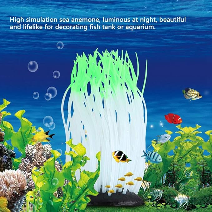Pssopp Simulation Silicone Luminous Sea Anemone Ornament Artificial Plant Simulation Sea Anemone for Aquarium Fish Decoration with Suction Cup(Green)