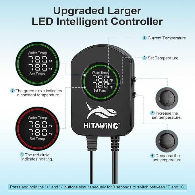 HiTauing Aquarium Heater, 100W/200W/300W/500W Fish Tank Heater with Upgraded LED Large Display, Up/Down Control Buttons and Intelligent Leaving Water Automatic Power-Off for Saltwater and Freshwater