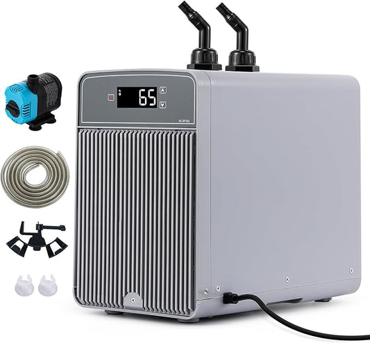 BAOSHISHAN 42gal Aquarium Chiller, 1/10 HP Axolotl Cooler, Special Quiet Design Refrigeration Compressor for hydroponics, Coral Reef, Fresh & Sea Tank (42gal/160L)