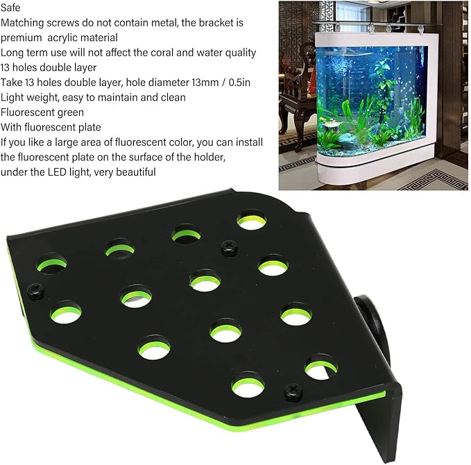 Coral Frag Rack, Magnetic Frag Coral Rack Fluorescent Green Safe Stable 13 Holes Acrylic Coral Rack with Magnetic Suction Aquarium Spare Parts for Saltwater Aquarium, Live Coral, Household Fish Tanks