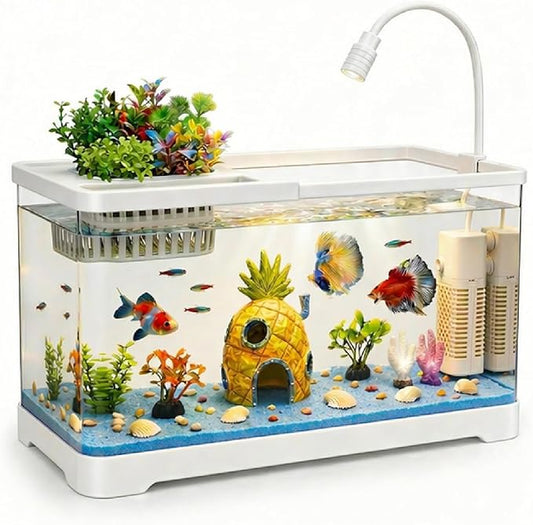 4 Gallon Fish Tank Aquarium Starter Kit with Filter and Light, All in One Small Fish Tank for Betta, Kids & Desktop Use, Self Cleaning Nano Aquarium with Lid(Medium White)