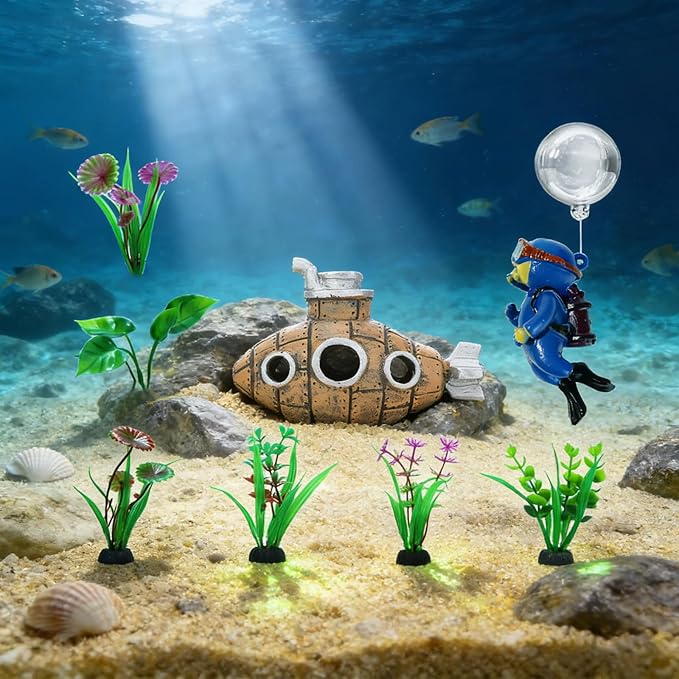 Aquarium Shipwreck Decor Set, Fish Tank Accessories Resin Submarine Ornament Betta Fish Hideout Cave with 6 Artificial Aquatic Plants, 40+ Seashells, 1 Floating Diver for Freshwater Saltwater