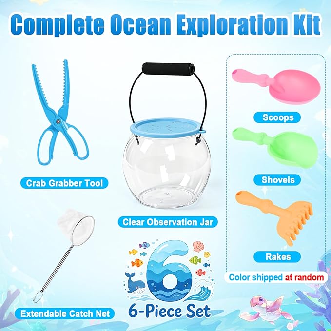 Kids Beach Exploration Kit, Catch & Release Aquarium Toy Set with Net, Crab Tongs, Sand Shovels & Clear Critter Keeper, Beach Toys for Kids Ages 2–12 (Beach, Lake, River)