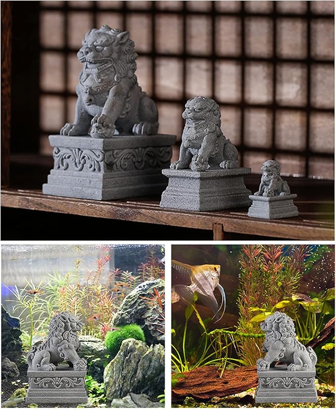 livelyfish Large Asian Fu Foo Dogs Statues A Pair of Two Guardian Lion Sandstone Figurine Pets Fish Tank Aquarium Landscape Ornaments Accessories Feng Shui Decorations, XL