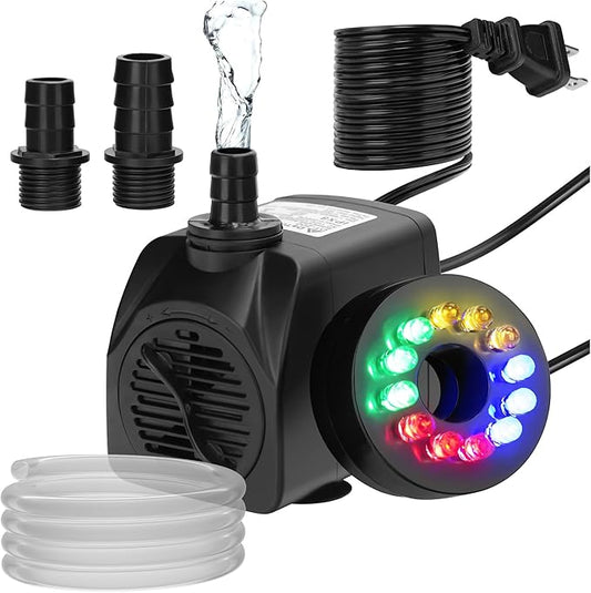 DaToo Mini Submersible Fountain Water Pump With LED Light 400GPH 25W Small Ultra Quiet Water Pump With Tubing For Aquarium Fish Tank Outdoor Pond Water Feature Fountain Statuary