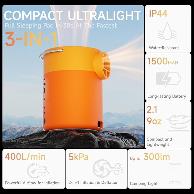 Portable Air Pump with Camping Light, Ultra-mini Pump with 1500mAh Battery Rechargeable USB, 5kPa Air Pump for Inflatables,Magnetic Design Tiny Pump for Sleeping Pads, Vacuum Storage Bags