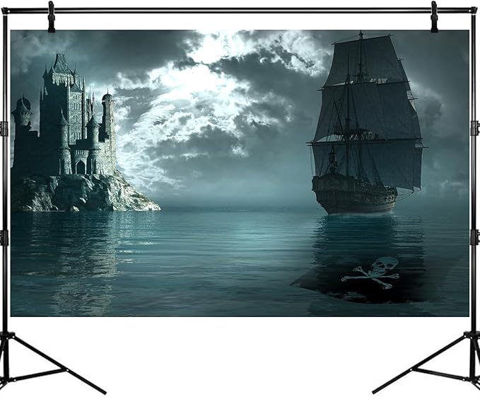 Pirate Ship Aquarium Background Night Gothic Castle Scenery Fish Tank Background Cloudy Vintage Black Pirate Ship Futuristic Ocean Night Landscape Terrarium Backgrounds for Home Tank Decors 72x16in