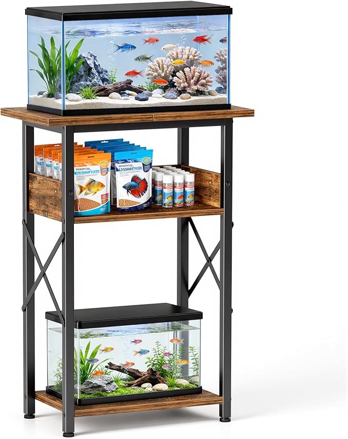 10 Gallon Fish Tank Stand with Storage Shelves, 3-Tier Aquarium Stand with Rust-Proof Metal Frame, Heavy Duty Waterproof Reptile Turtle Tank Stand for Home Office Up to 150LBS, 21.5" L x 11.5" W x 30" H, Rustic Brown
