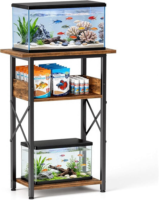 10 Gallon Fish Tank Stand with Storage Shelves, 3-Tier Aquarium Stand with Rust-Proof Metal Frame, Heavy Duty Waterproof Reptile Turtle Tank Stand for Home Office Up to 150LBS, 21.5" L x 11.5" W x 30" H, Rustic Brown