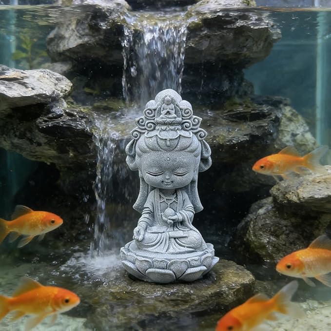 livelyfish Small Guanyin Buddha Statue Quanyin Figurine Sandstone Decorative for Fish Tank Aquarium Decor, (Gray)