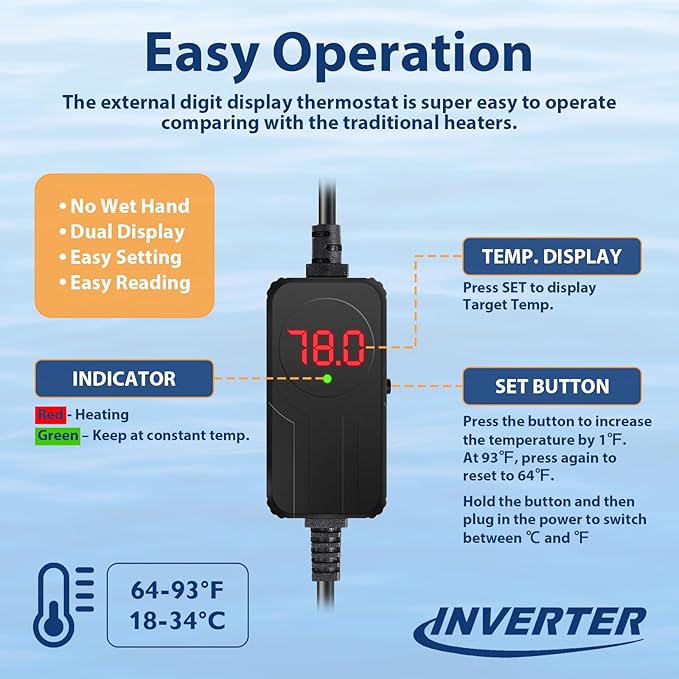 AquaMiracle Submersible Aquarium Heater with LED Digital Temp Display, Fish Tank Heater with Dry-Run & Over-Temp Protection, for Freshwater Saltwater Aquariums(50W/5-10Gal)