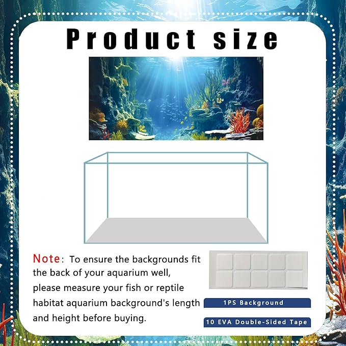 60X24IN Blue Sea Floor Aquarium Background, Natural Underwater World 3D Effect Fish Tank Decorations Background, Art Terrarium Background with 8 EVA Double-Sided Tape