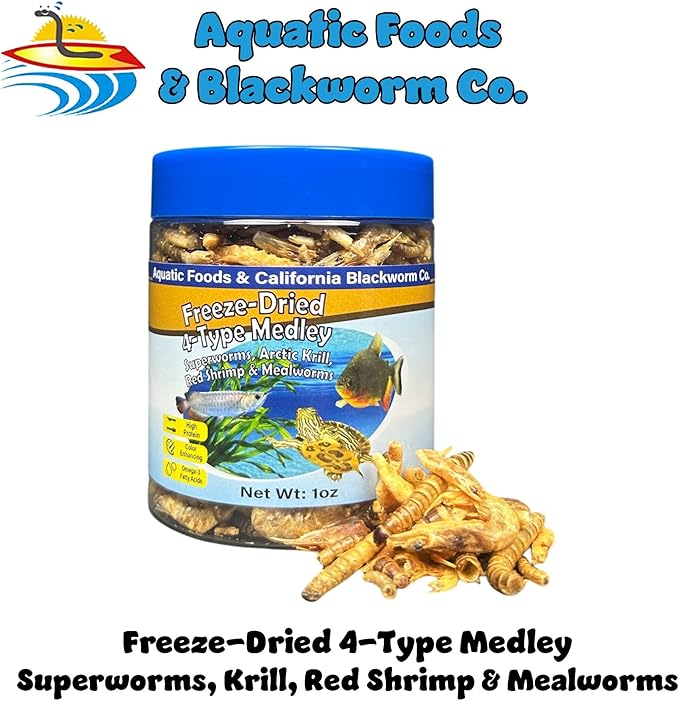 4-Type Medley Mix of Freeze Dried Superworms, Krill, Red Shrimp, Mealworms for Monster Fish, Reptiles, Turtles, Tortoises, Frogs, Hamsters, Birds, Rodents 1oz Canister