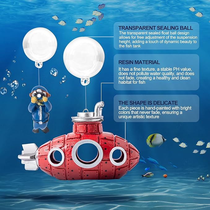 CousDUoBe New Upgrade Floating Fish Tank Decoration, Cute Retro Submarine Set and Floating Diver,Three Float Balls, Aquarium Decorations Resinous Betta Fish Tank Accessories
