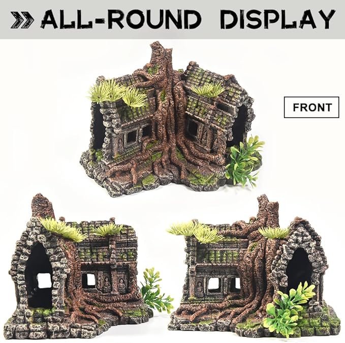 Aquarium Decorations Large Fish Tank Ornament Reptile House Shelter Decor Aquarium Hides with Betta Cave Temple Ruins Tree House Aquarium Landscape Decoration