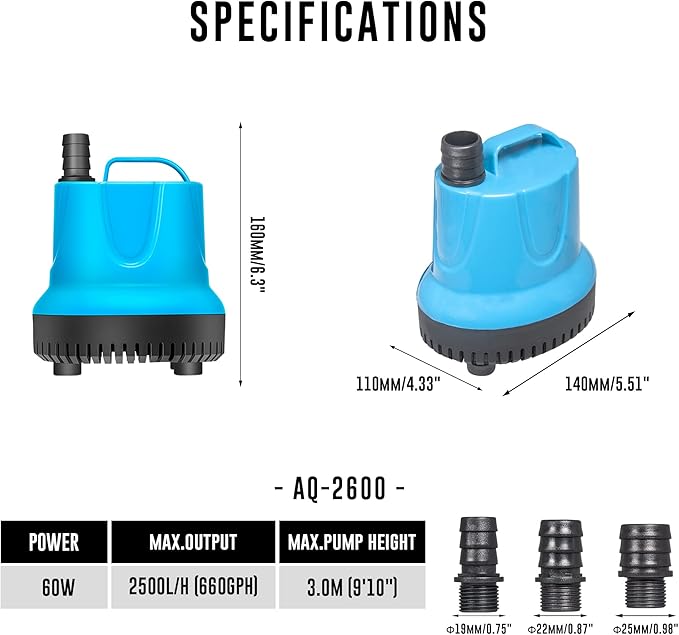 660 GPH Bottom Feed Submersible Water Pump - Energy Efficient Low-Suction Aquarium, Pond, Fountain, Hydroponics Pump, 60W - 3 Pack