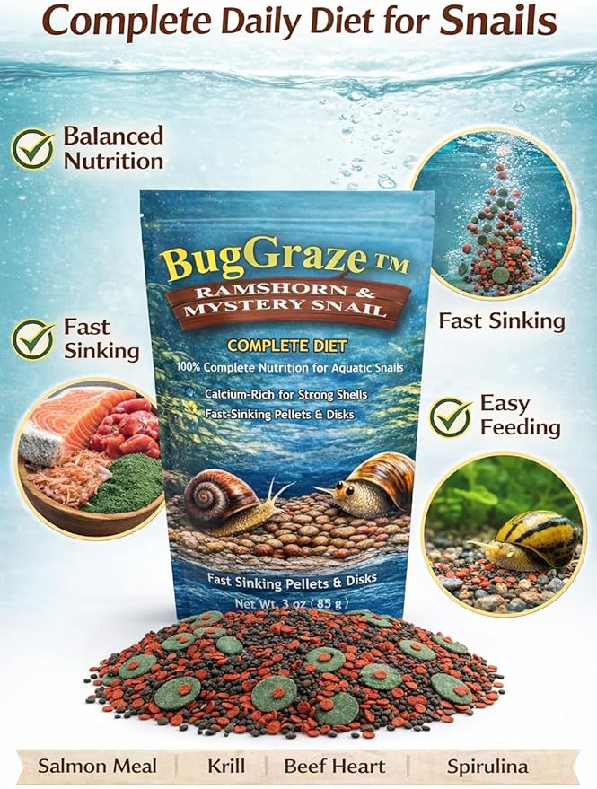 Ramshorn and Mystery Snail Complete Diet Aquarium Snail Food – Calcium-Enriched Sinking Pellets, Wafers & Granules.
