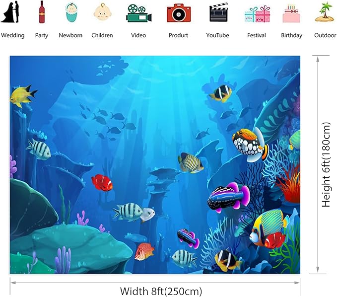 Renaiss Go Fish Backdrop 8x6 ft Underwater Coral Reef Tropical Fish Mermaid Summer Party Photography Backdrop Under The Water Fish Tank Background for Birthday Baby Shower Decor Fabric