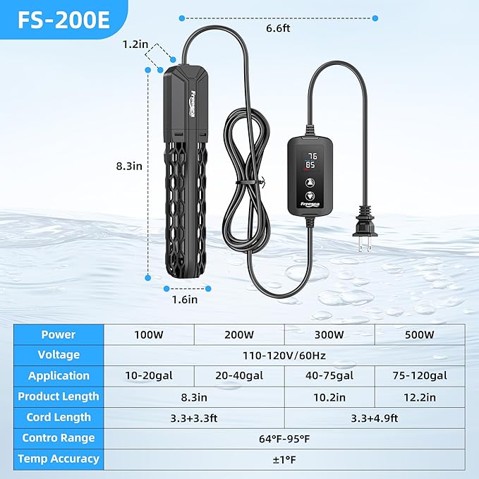 FREESEA Aquarium Heater for Fish Tank: 100W/200W/300W/500W Submersible Fish Tank Heater with Over-Temperature and Off-Water Protection for 20-40 Gallon Saltwater and Freshwater