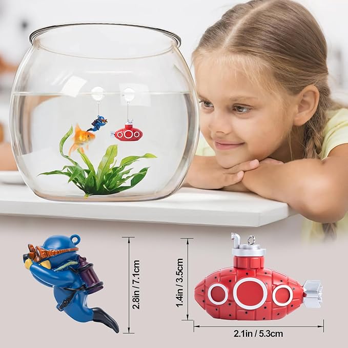 CousDUoBe 2.1 in Mini Floating Submarine Fish Tank Decoration Set，Cute Retro Submarine Set and Floating Diver,Aquarium Decorations Resinous Betta Fish Tank Accessories