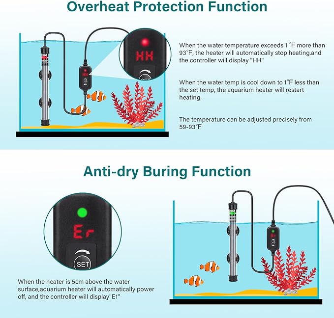 hygger Submersible Aquarium Heater, 100W 150W 200W 300W Adjustable Fish Tahk Heater with Temperature Controller, LED Display, Small Aquarium Betta Heater for up to 20/26/40/48 Gallons