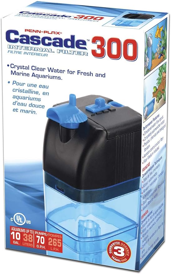 Penn-Plax Cascade 300 Fully Submersible Internal Filter – Provides Physical, Biological, and Chemical Filtration for Aquariums and Turtle Tanks