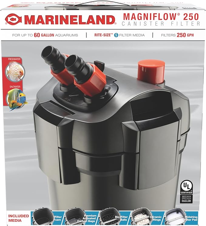 Marineland Magniflow 250 Canister Filter, 1 Count, For Up to 60-Gallon Freshwater or Saltwater Aquariums, Includes Rite-Size S Filter Foam and Polishing Filter Pads, Premium Activated Carbon Bags