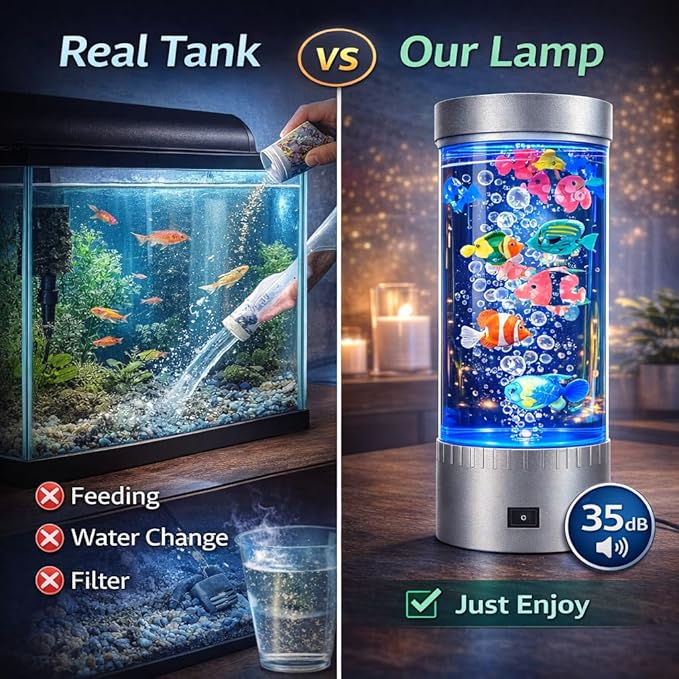 Bubble Fish Lamp with 6 Floating Fake Fish – LED Aquarium Night Light with Bubbles – Cylindrical Transparent Tank, Perfect for Rooms, Offices, and Living Spaces