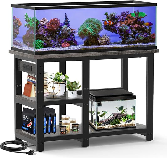 AQQA 40-50 Gallon Fish Tank Stand with 5 in 1 Power Outlets, 36x18 Inch Heavy Duty Metal Frame Aquarium Stand, Adjustable Storage Shelves, 720LBS Capacity Terrarium Stand, 3 Tiers Reptile Tank Stand