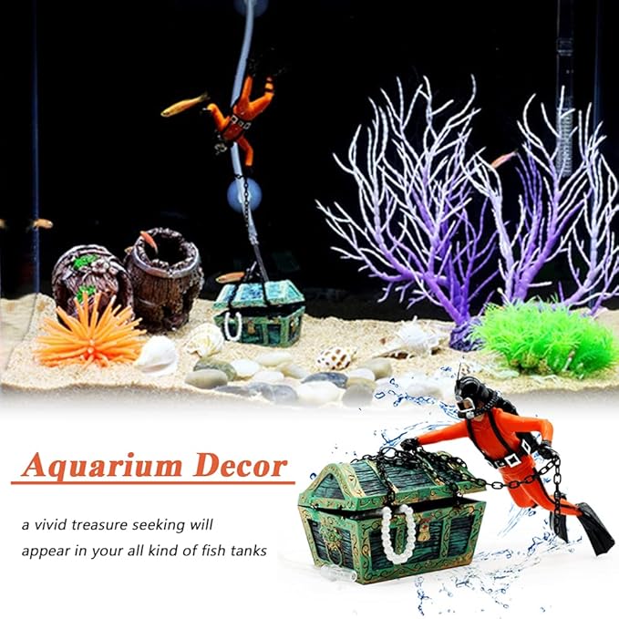 Mesee Aquarium Floating Diver Ornament, Micro Landscape Decor Undersea Treasure Chest Diver Aquarium Decoration for Home Fish Tank Arts Crafts Decorating