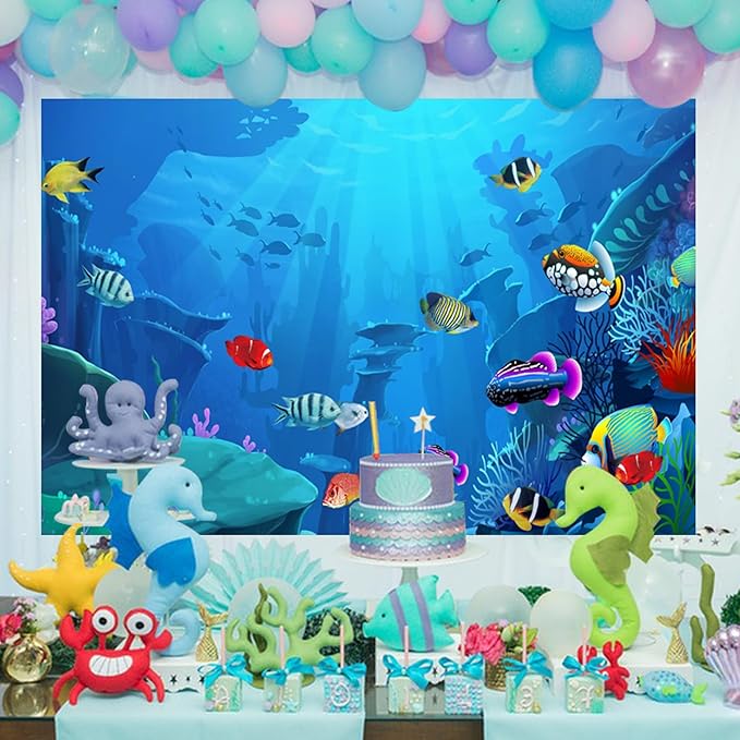 Renaiss Go Fish Backdrop 8x6 ft Underwater Coral Reef Tropical Fish Mermaid Summer Party Photography Backdrop Under The Water Fish Tank Background for Birthday Baby Shower Decor Fabric