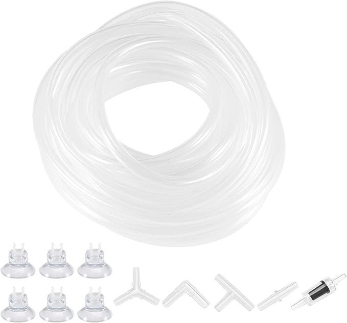 uxcell Silicone Tubing 5/32"(4mm) ID 1/4"(6mm) OD 16ft(5m) Aquarium Pump Hose Rubber Tube Clear with Check Valves, Suction Cups, Connectors