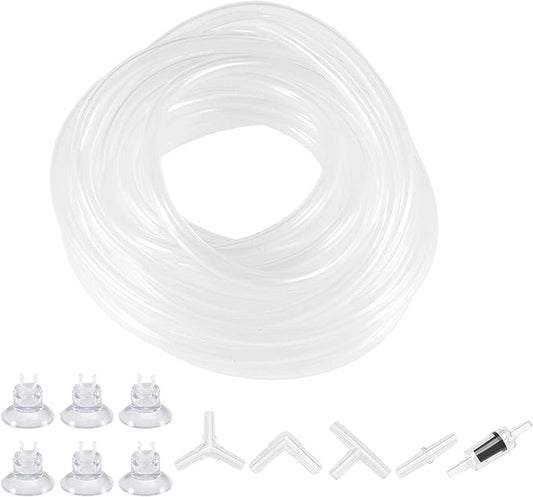 uxcell Silicone Tubing 5/32"(4mm) ID 1/4"(6mm) OD 16ft(5m) Aquarium Pump Hose Rubber Tube Clear with Check Valves, Suction Cups, Connectors