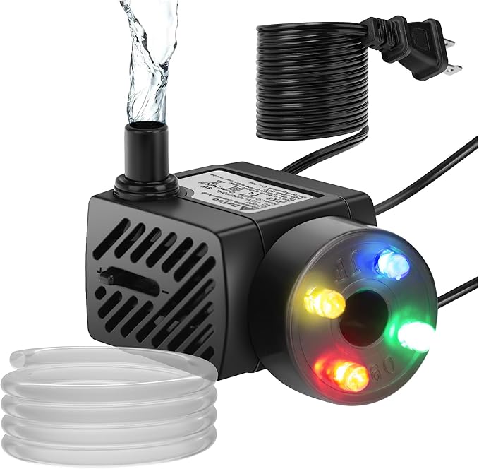 DaToo Mini Submersible Fountain Water Pump With LED Light 50GPH 3W Small Ultra Quiet Water Pump With Tubing For Aquarium Fish Tank Outdoor Pond Water Feature Fountain Statuary