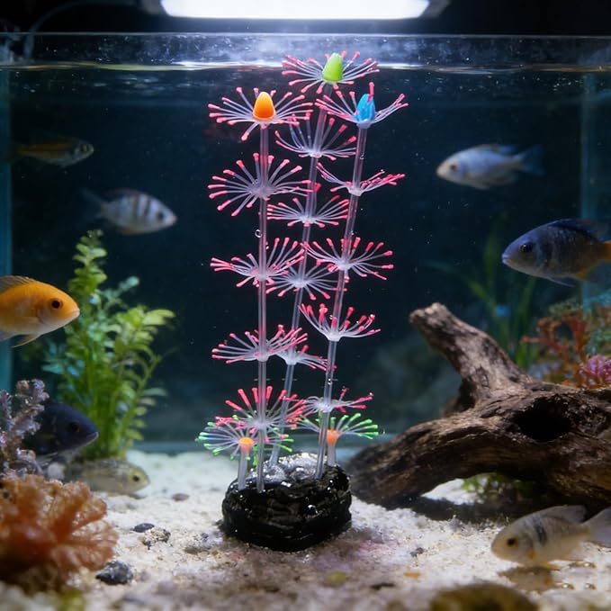 Swaying Coral Decor Set - 4-Pack: String, Starry, Feather & Mushroom Soft Silicone Aquarium Ornaments with Lifelike Motion for Freshwater & Saltwater Fish Tanks, Safe Fish Shrimp Habitat
