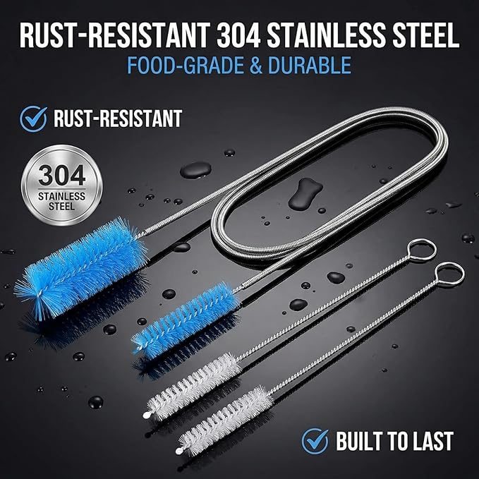 3-Piece Tube Cleaning Brush Kit, 59" Double-Ended Flexible Aquarium Filter Hose Brush with 2 x 8 Straw Cleaner Brushes, 304 Stainless Steel & Nylon Pipe Cleaner for Fish Tank, Kitchen & Home Brewing