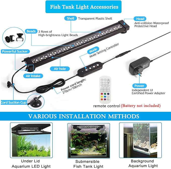Submersible Aquarium Lights for Fish Tank,24/7 Cycle Fish Tank Light with Timer,Adjustable Brightness,8 Colors,Underwater Full Spectrum LED Aquarium Decor Plant Light,19.7'' for 29gallon Fish