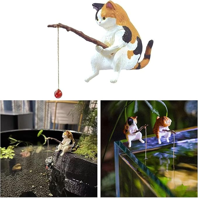 Yuly Fishing Cat Ornaments Mini Resin Figurine Cartoon Cat Statue for Home Office Aquarium Decoration