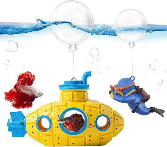CousDUoBe New Upgrade Floating Fish Tank Decoration, Cute Retro Submarine Set and Floating Diver,Three Float Balls, Aquarium Decorations Resinous Betta Fish Tank Accessories