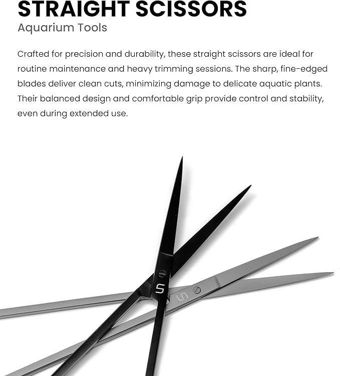 UNS Aquascaping Tools - Stainless Steel, Rust Resistant, Freshwater Planted Tank, Saltwater Reef Aquarium Maintenance Accessory - Trimming Stems & Carpets, Coral Cutting - Straight Scissors, Black