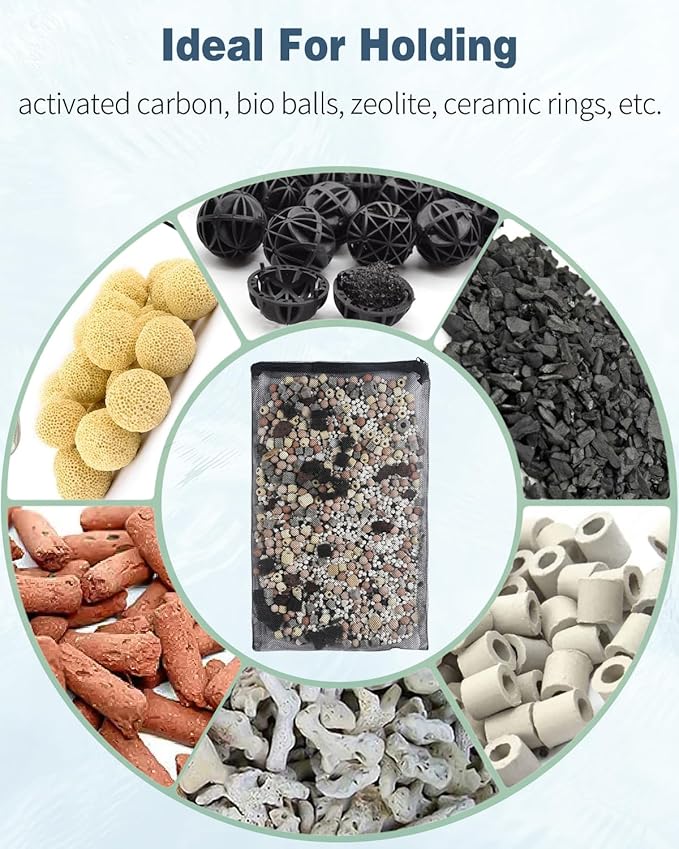 Pawfly 8 Pack Aquarium Filter Media Bags, Fine Mesh Filter Bag with Plastic Zipper Aquarium Media Bag for Activated Carbon, Bio Filter Balls and Filter Stones (15" x 10")